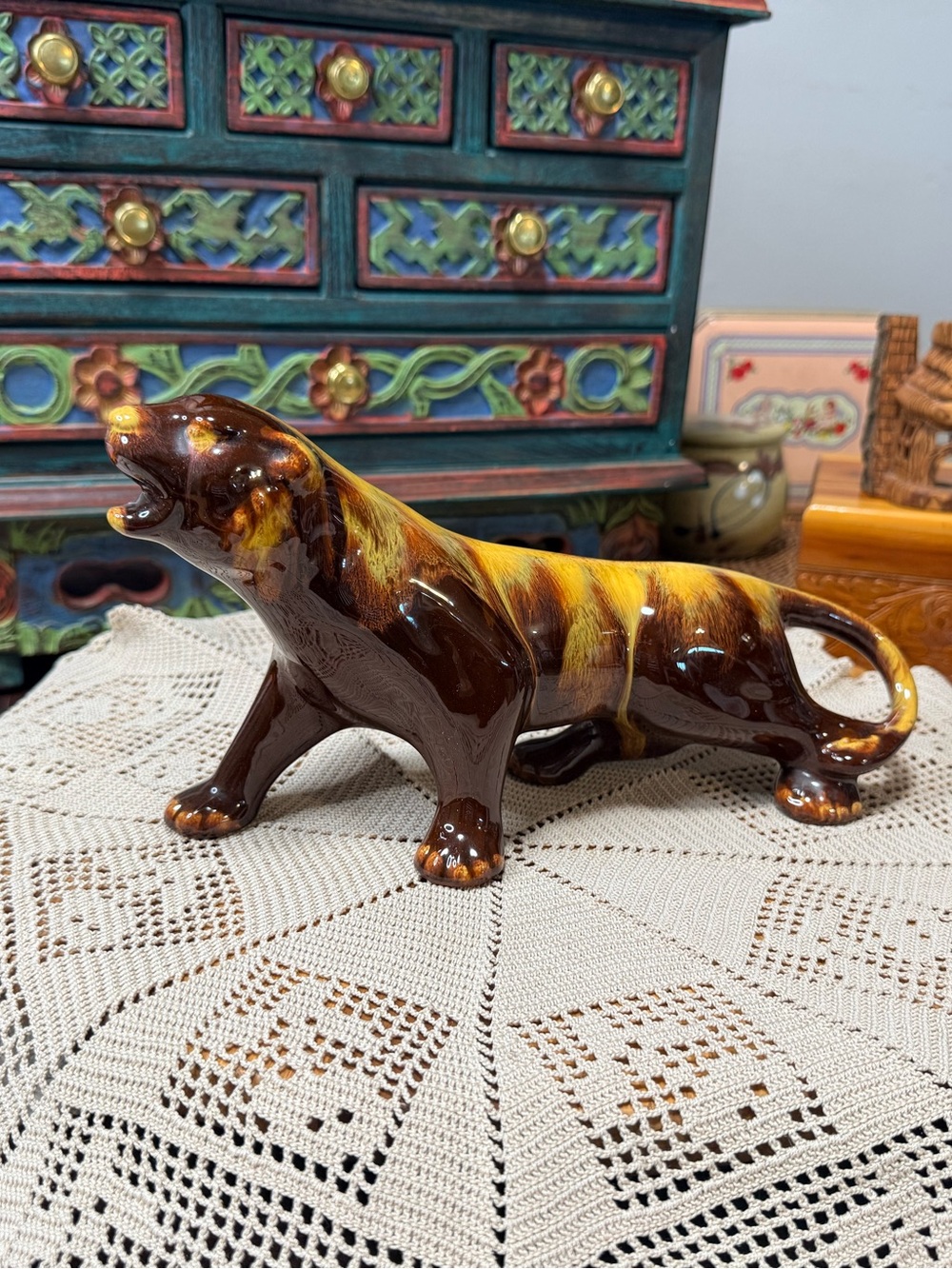 Blue Mountain Pottery Gold & Brown Drip Glaze Mountain Lion Panther